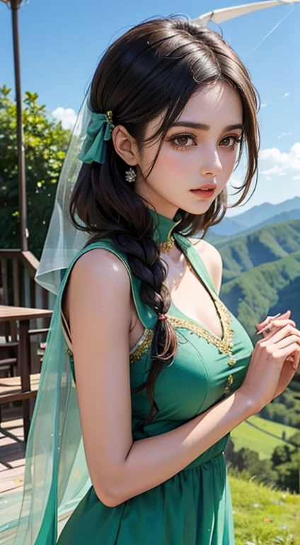 Rhea Chakraborty plays a beautiful 14-year-old girl, She wants to marry me, kissing, She is wearing a gorgeous green shalwaar kameez and hijab, Eye mascara, eye shadow, Long eyelashes, bigBreasts, Stand in the mountains , Upper Body, Front view, Big Plans, Pubic hair is visible and she's holding my hand, looking in my eyes and she's the cutest girl in world