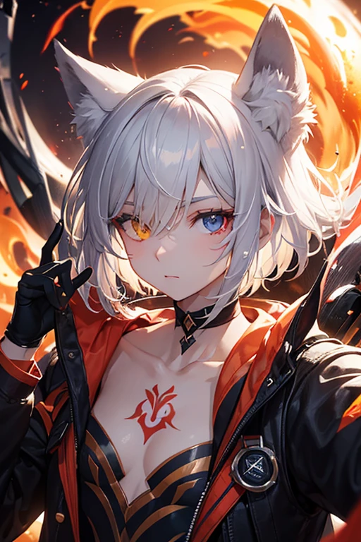 White wolf anthropomorphic,good looking,Young adolescents, Young man,Thin chest,Very short hair,Berry Short,male,White skin, Red Tattoo, Waning moon tattoo on chest, ((Heterochromia, yellow left eye, My right eye is very red)) Dreamy Background, kind, Infinite Light, Spectacular sunset background, Octane Rendering, Beautiful Features, Beautiful and detailed eyes, Complex skin, Detailed face, Perfect skin texture, Extreme Detail, Whole-body vision, Cinema Lighting, Professional Lighting, Centered, looking at the camera, 8k, Shot with a Hasselblad X1D-50, Maximum concentration, Depth of written boundary, Perfect lighting, Particles of light, (highest quality), (masterpiece), (Super detailed), Sharp focus, Particles of light,Fire Magic,My head is on fire,Turbulence,Uplifting,Silver Wolf Personification,Assassin's Costume