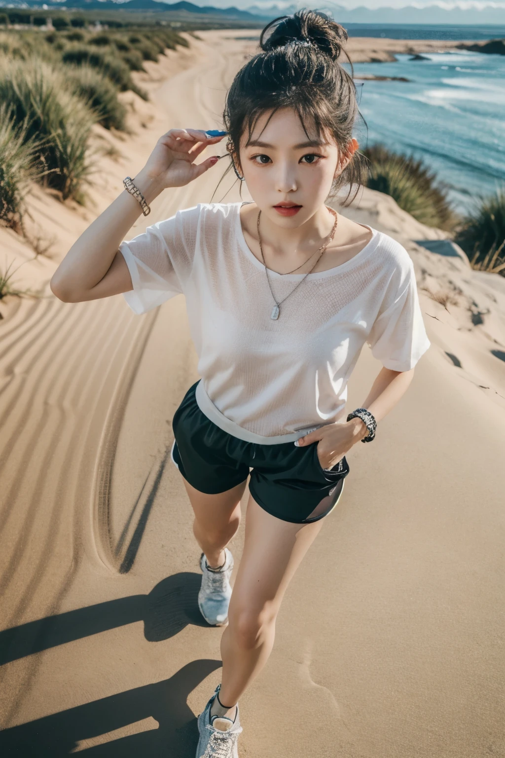 1 woman,alone,bijouterie,bracelet,shoes,manicure,black hair,running shoes,necklace,ring,freckles,shorts,whole body, looking at viewer,nose,assembly,Fingernail,Lips, mountaineering clothes, stick, (from above), Dunes,