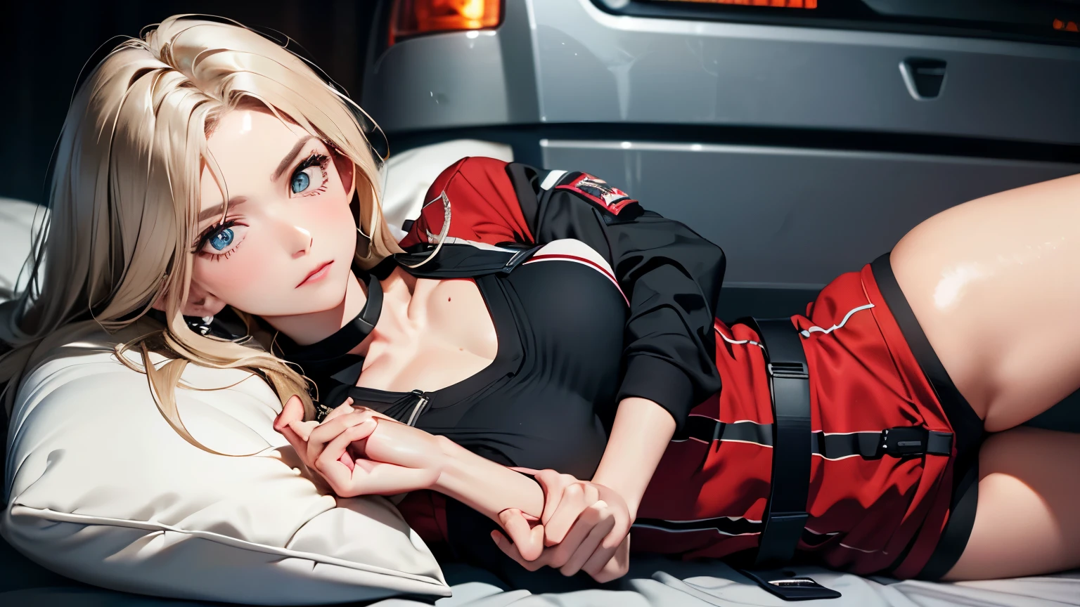(((UHD, retina, best quality, super detail, mackerel, 16,000))), (((Anatomically correct))), SFW, ((professional female paramedic)), morning, wearing red((professional rescue team clothing)), black tactical shoes, alone, mature woman, blond hair, bottom of head red, straight hair, good, lake green eyes, bright eyes, upper eye, long eyelashes, thin eyebrows, beautiful and delicate eyes, very detailed eyes, very realistic eyes, perfect face, Highly detailed facial details, random expression, sweat, medium big breasts, beautiful collarbone, healthy skin, textured skin, solid body, (muscle:1.2), (((Anatomically correct))), earring, assembly, perfect hands, (delicate fingers), beautiful long legs, perfect feet, whole body, movie lights, 背景為醫院ambulance停車場, ambulance, first aid supplies