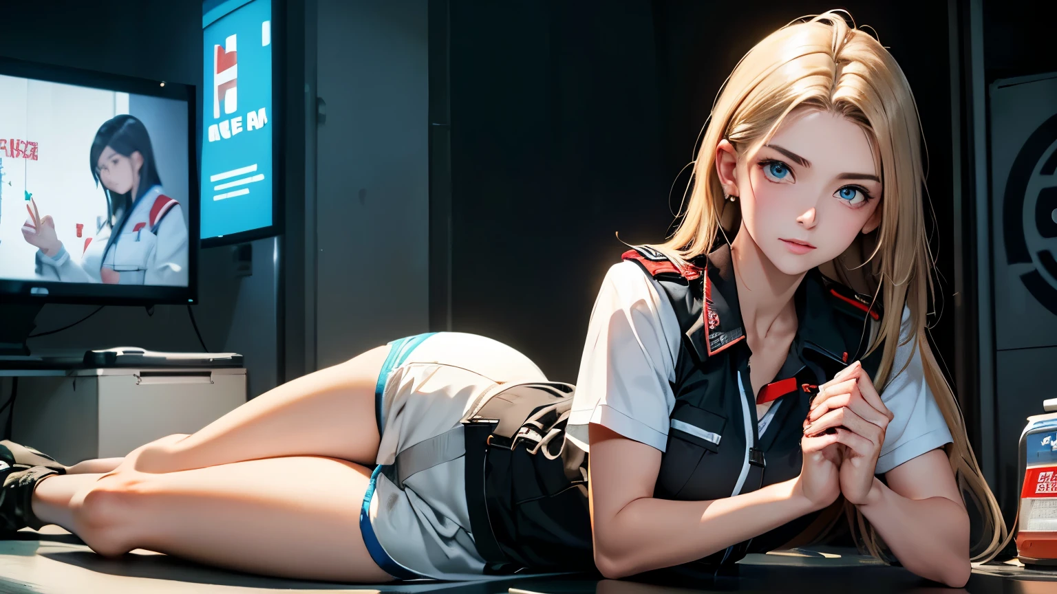 (((UHD, retina, best quality, super detail, mackerel, 16,000))), (((Anatomically correct))), SFW, ((professional female paramedic)), morning, wearing red((professional rescue team clothing)), black tactical shoes, alone, mature woman, blond hair, bottom of head red, straight hair, good, lake green eyes, bright eyes, upper eye, long eyelashes, thin eyebrows, beautiful and delicate eyes, very detailed eyes, very realistic eyes, perfect face, Highly detailed facial details, random expression, sweat, medium big breasts, beautiful collarbone, healthy skin, textured skin, solid body, (muscle:1.2), (((Anatomically correct))), earring, assembly, perfect hands, (delicate fingers), beautiful long legs, perfect feet, whole body, movie lights, 背景為醫院ambulance停車場, ambulance, first aid supplies