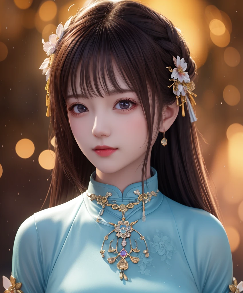 best quality, masterpiece, high resolution, 1 Girl,cheongsam,Hair accessories,necklace, jewelry,Pretty Face,Above_Body, Tyndall effect,Reality, Dark Studio, Edge lighting, Two-tone lighting,(Highly detailed skin:1.2), 8K Ultra HD, DSLR camera, soft light, high quality, Volumetric Lighting, frank, photo, high resolution, 4K, 8k, Bokeh,