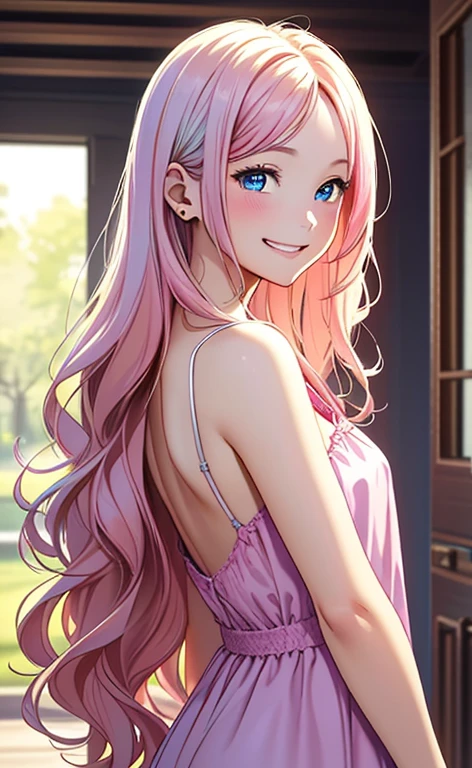 (masterpiece:1.4、top-quality、illustration:1.4,realistic、)、(character focus、,upper body:1.3)、(1girl),(happy smile:1.3),(cute),cute face,blue eyes、(from below:1.3)、
,(stand:1.4),(pink blonde hair),hair ornaments:1.3、
,(slender),(loose dress:1.3),
(wavy hair), (flat chest:1.3)、
、slender、