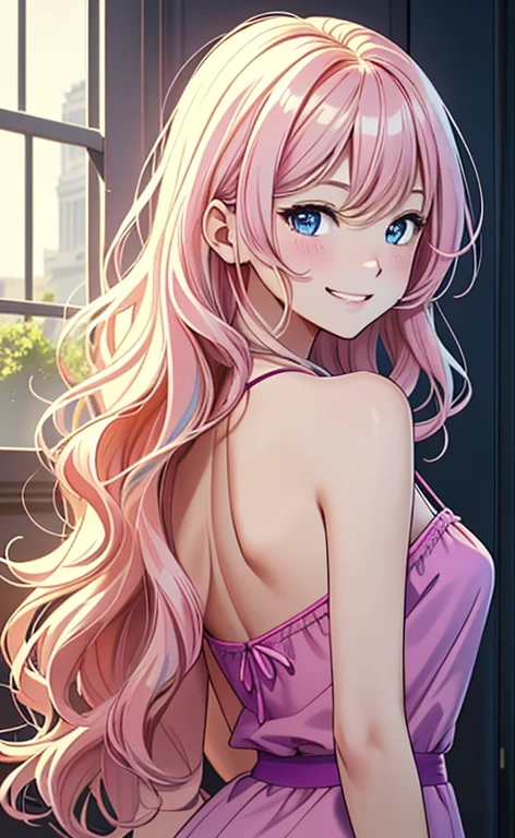 (masterpiece:1.4、top-quality、illustration:1.4,realistic、)、(character focus、,upper body:1.3)、(1girl),(happy smile:1.3),(cute),cute face,blue eyes、(from behind:1.3)、
,(stand:1.4),(pink blonde hair),
,(slender),(loose dress:1.3),
(wavy hair:1.3), (flat chest:1.3)、
、slender、