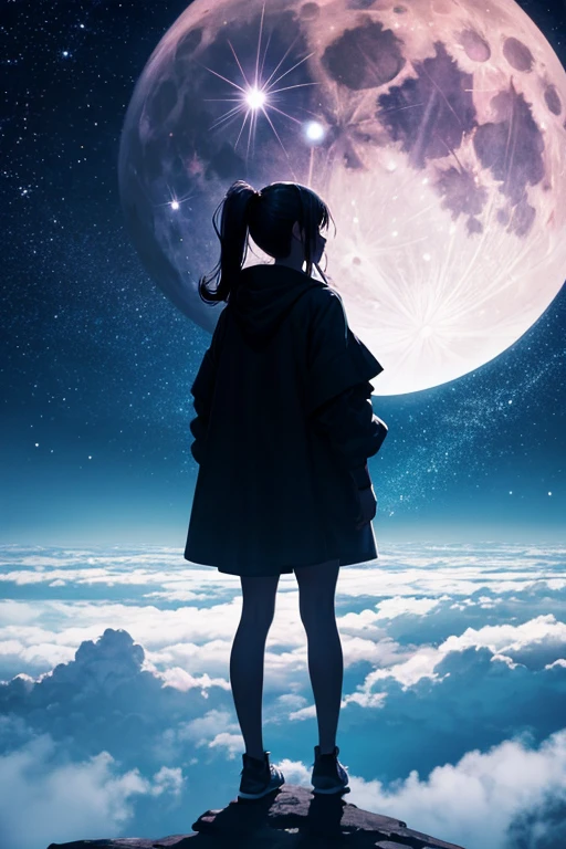highest quality,Big moon and shadow,A silhouette of a person can be seen against the backdrop of a large moon.,There is one full moon,There is a mood,Beautiful scenery,Starry Sky