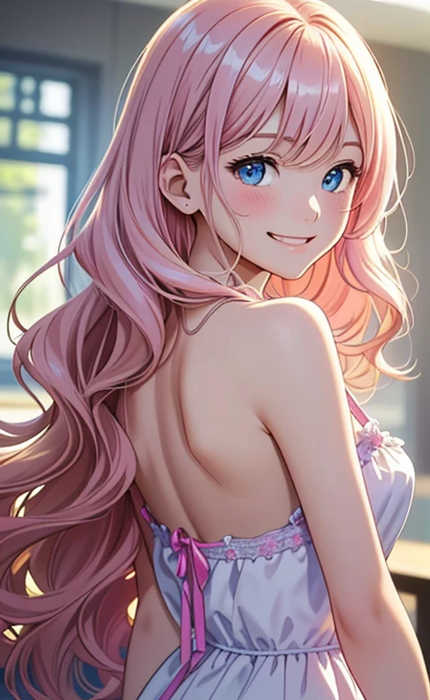 (masterpiece:1.4、top-quality、illustration:1.4,realistic、)、(character focus、,upper body:1.3)、(1girl),(happy smile:1.3),(cute),cute face,blue eyes、(from behind:1.3)、
,(stand:1.4),(pink blonde hair),
,(slender),(loose dress:1.3),
(wavy hair:1.3), (flat chest:1.3)、
、slender、