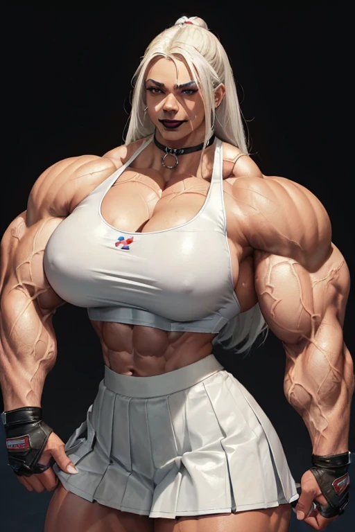 (((((Massive, tall, beautiful, light brown skinned, buff, muscular woman with white hair, black lipstick, ginormous bulky muscles and wearing a white leather sports bra with pleated skirt))))), (close view), (massive muscle), massive biceps, hyper muscle shoulders, vascular shoulders, hyper muscle triceps, (long straight hair), blue eyes, (wristbands), choker, school shoes, (in penitentiary), fingerless gloves, closed smile, night, hyper vascular arm, hyper muscles arms, hyper muscle legs, massive arms.