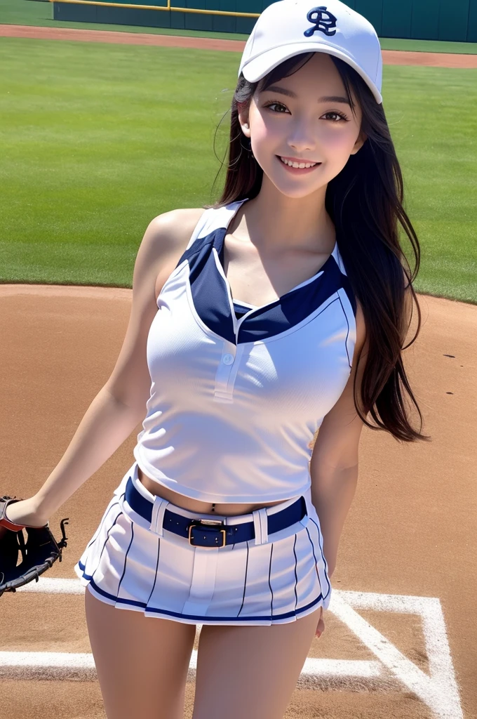 Top quality, masterpiece, 8k, Ultra-high resolution, (Photorealistic:1.4), 1 Girl、beautiful expression、Symmetrical eyes、huge 、Perfect body proportions、Cheerleading costumes、a smile、look at the audience、(Baseball field:1.2)、Long legs(1.3)、