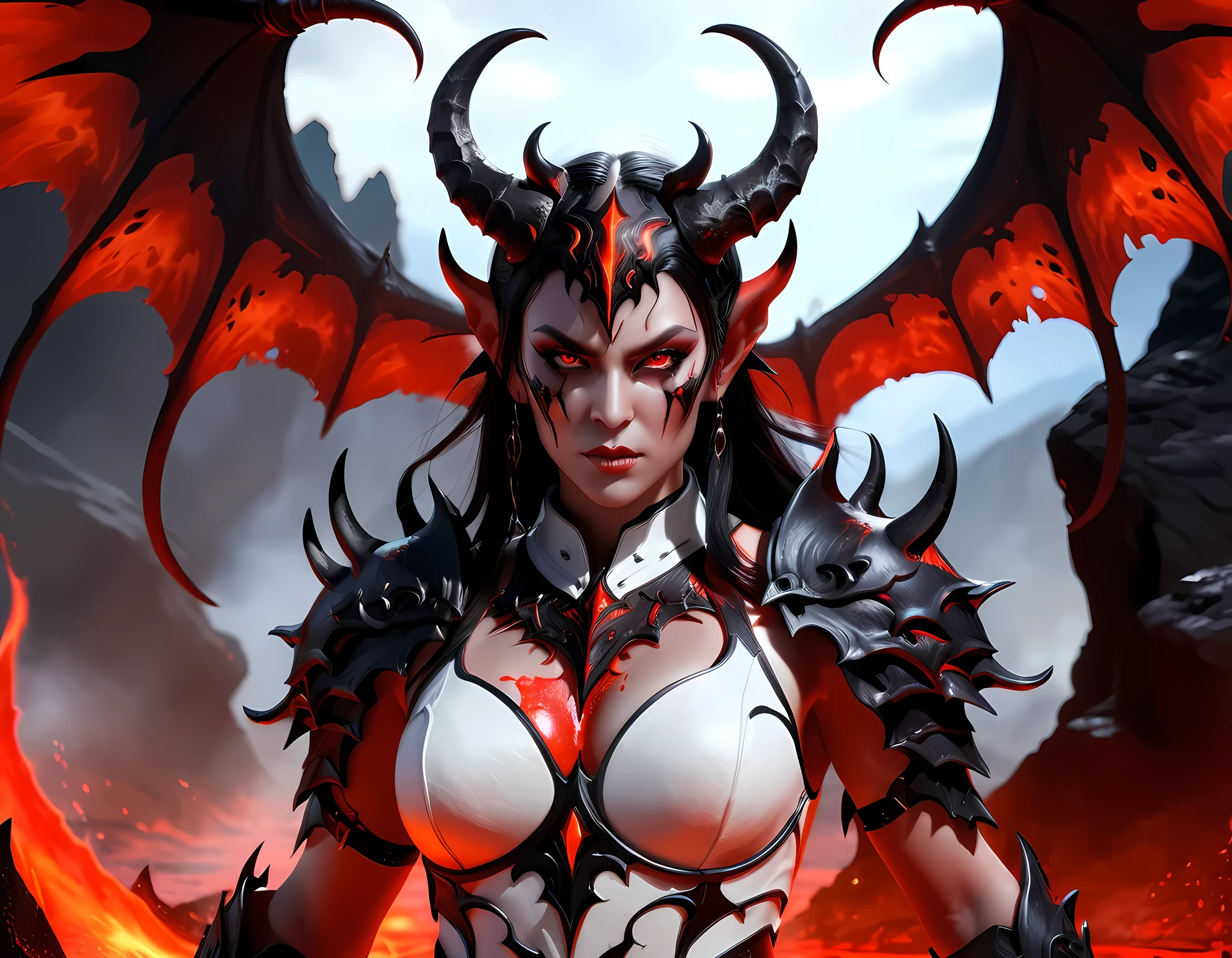 fantasy art, RPG art, masterpiece, a portrait picture o hellish female demon from hell, she has (black horns: 1.2), (black: 1.2) demon wings, (red: 1.3) skin, red lava dripping from her, she wears (white: 1.3) armor, hdsrmr, streams of rolling lava, hell in the background, 3d rendering, shadow wings