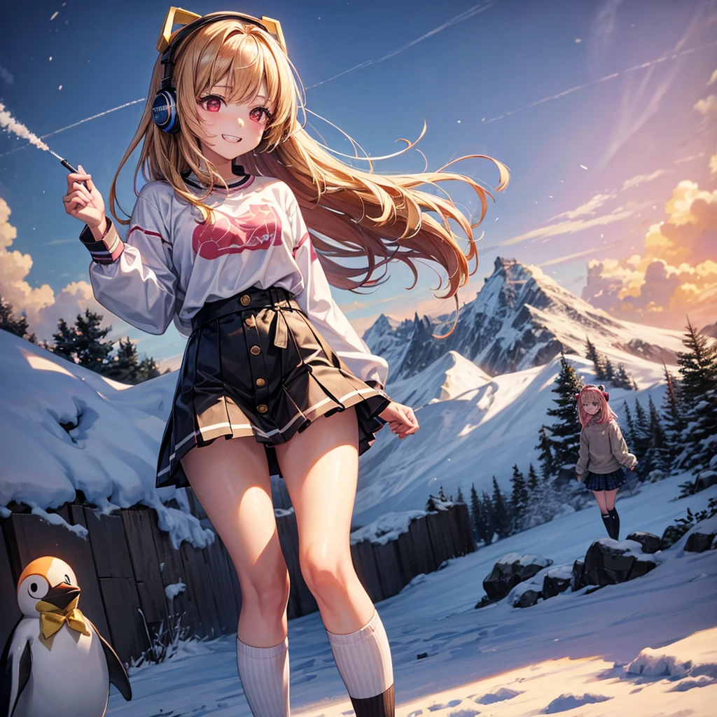 Pink gold golden hair、Red eyes、One good looking girl、solo、anime、Checkered mini skirt、The skirt has buttons、White T-shirt、Long sleeve、China、Black knee-high socks、Wearing headphones、Wearing a ribbon、Ribbon on waist、Tilting face、Teeth are visible、tunnel、Sunset sky、The rocks are exploding、Penguins are walking、Snow is piled up、Rocky Mountain、The clouds are breaking through、Contrail