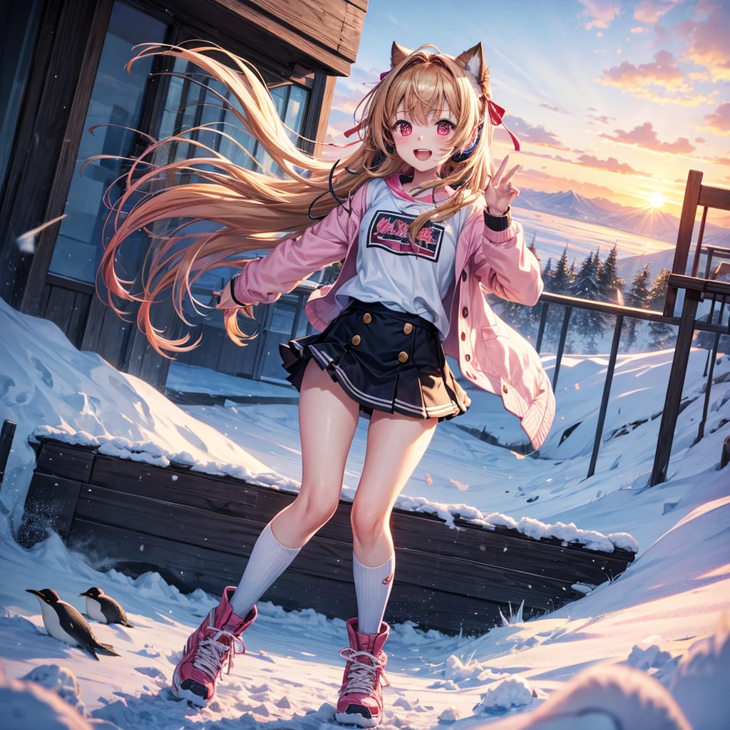 Pink gold golden hair、Red eyes、One good looking girl、solo、anime、Checkered mini skirt、The skirt has ons、White T-shirt、Long sleeve、China、Black knee-high socks、Wearing headphones、Wearing a ribbon、Ribbon on waist、Tilting face、Teeth are visible、tunnel、Sunset sky、The rocks are exploding、Penguins are walking、Snow is piled up、Rocky Mountain、The clouds are breaking through、Contrail