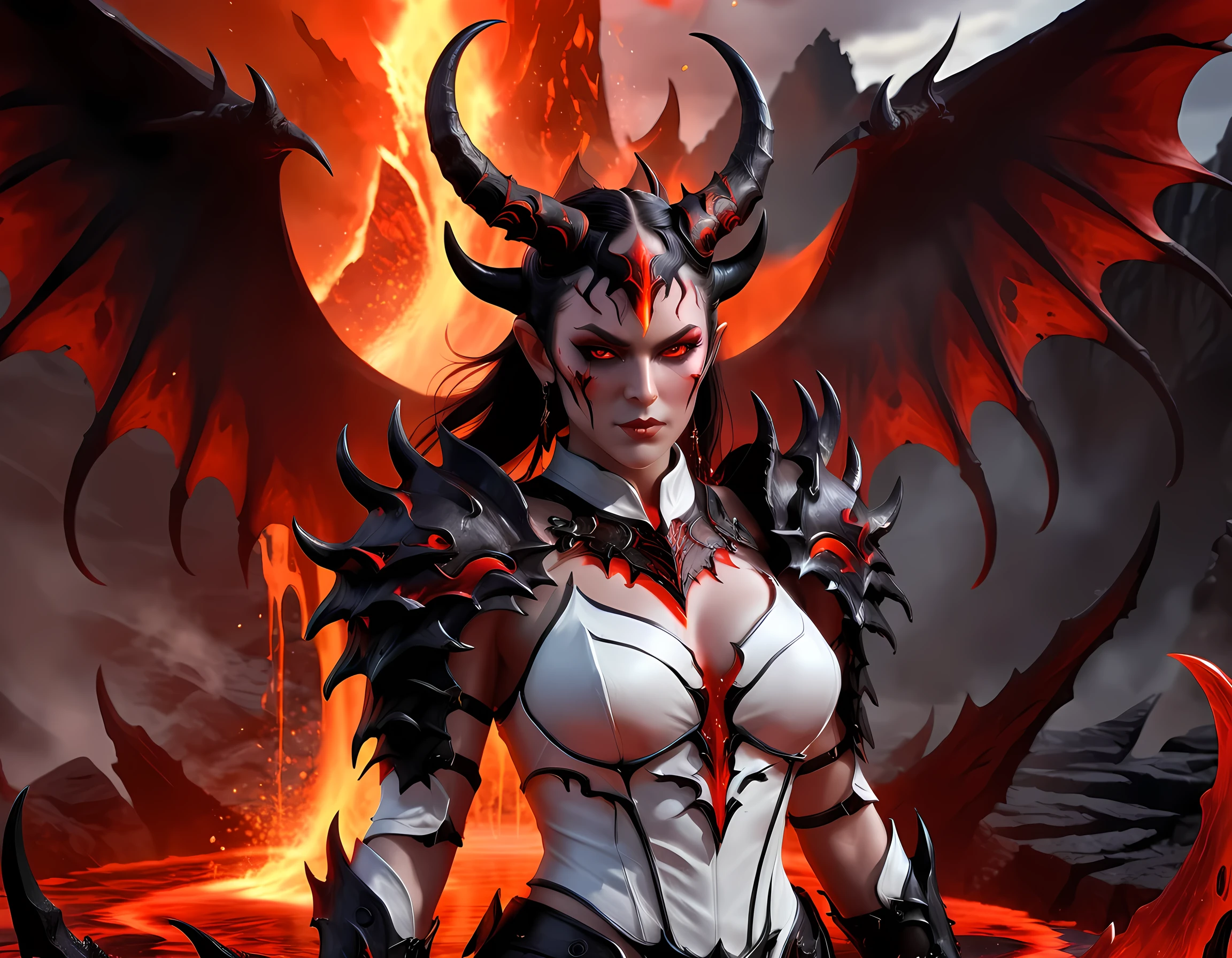 fantasy art, RPG art, masterpiece, a portrait picture o hellish female demon from hell, she has (black horns: 1.2), (black: 1.2) demon wings, (red: 1.3) skin, red lava dripping from her, she wears (white: 1.3) armor, hdsrmr, streams of rolling lava, hell in the background, 3d rendering, shadow wings