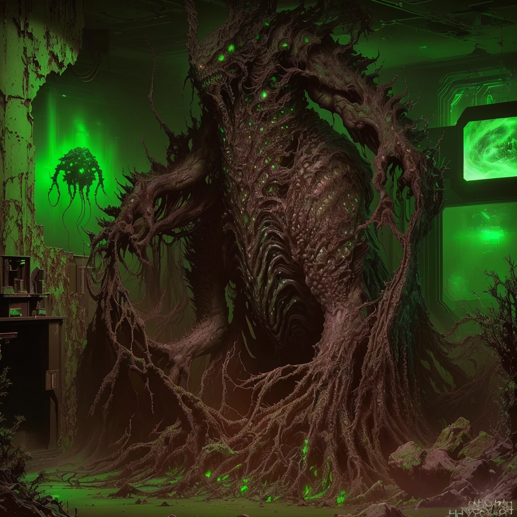 there is a large creature in the room with the green light, science fiction horror works, sci-fi horror art, detailed horror images in 4k format, Lavkraftovskaya atmosphere, eerie nostalgic concept art, Horrible fantasy art, Lovecraftian background, Space horror concept art, lovecraft art, subtle Lovecraftian vibes, Lovecraft's Nightmare
