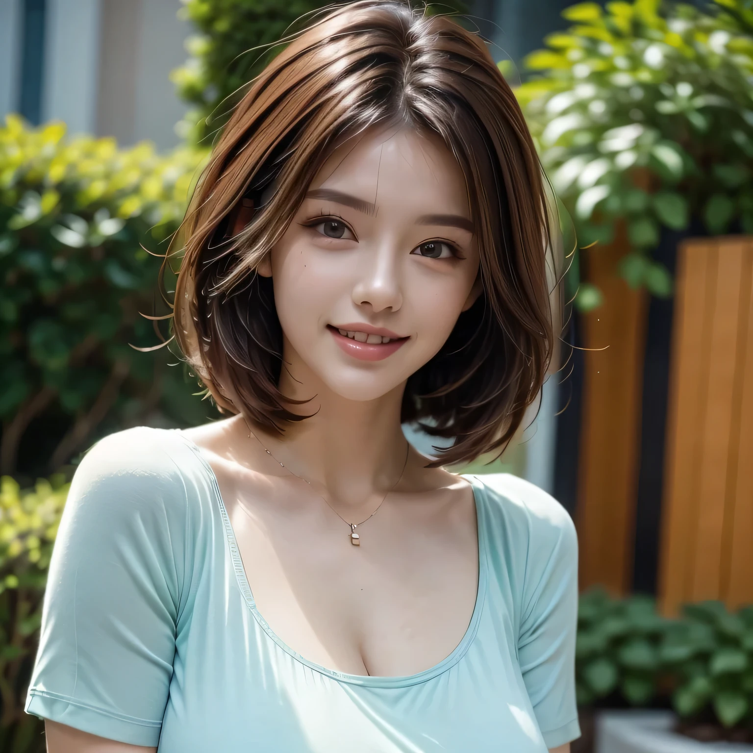 (8k, RAW Photos, highest quality, masterpiece, Realistic, Realistic), (1 female), (Ultimate beauty), Highly detailed face, (Perfect Teeth), Beautiful Eyes, double eyelid, eyelash, smile, Lip details, Brunette Bob, The light shines on your face, Big Breasts, ((T-Shirts)), (Upper Body), (background: garden), ((Written boundary depth))