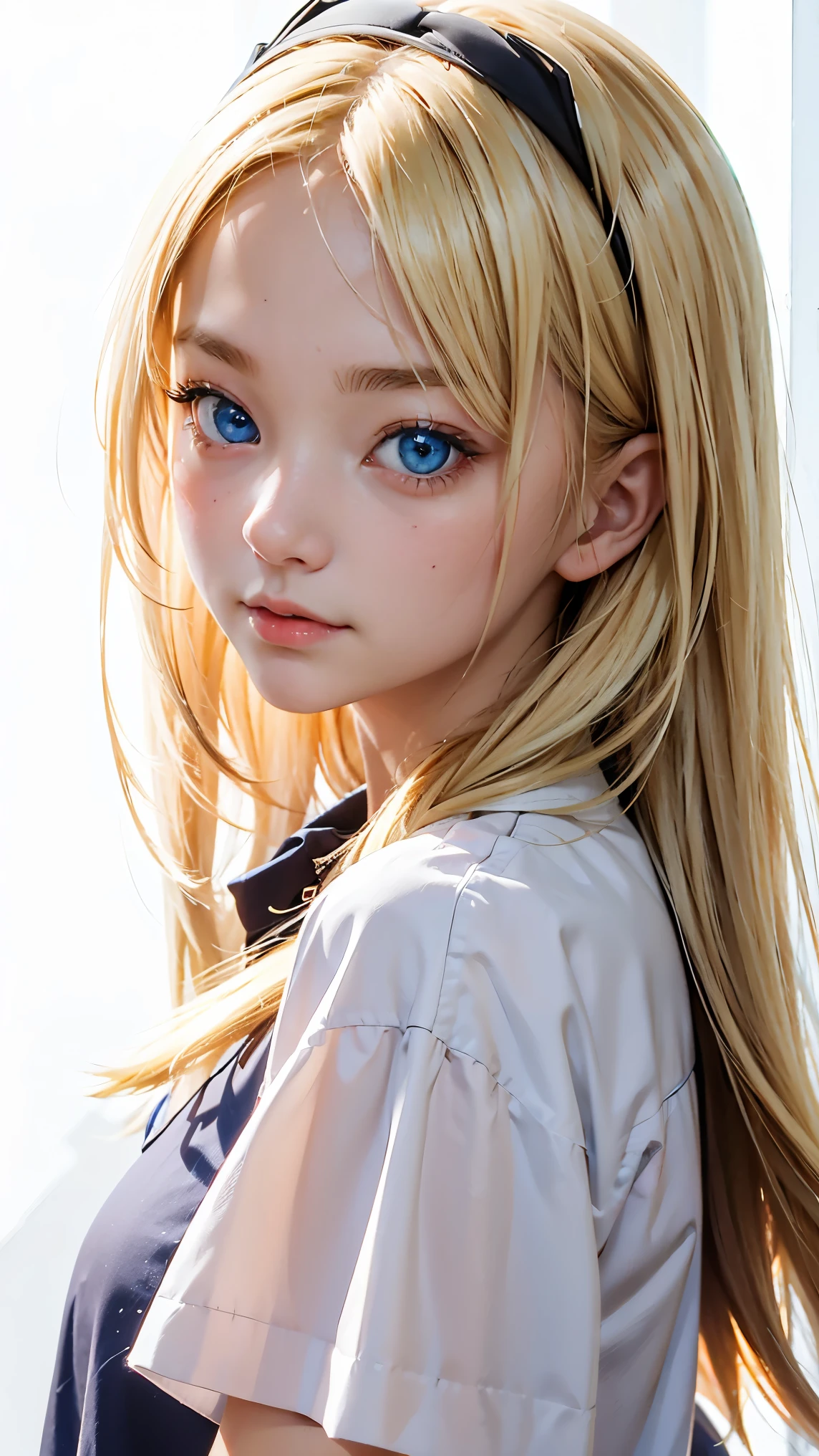 1girl, solo, anime, face, blonde hair, blue eyes, long hair, white background,