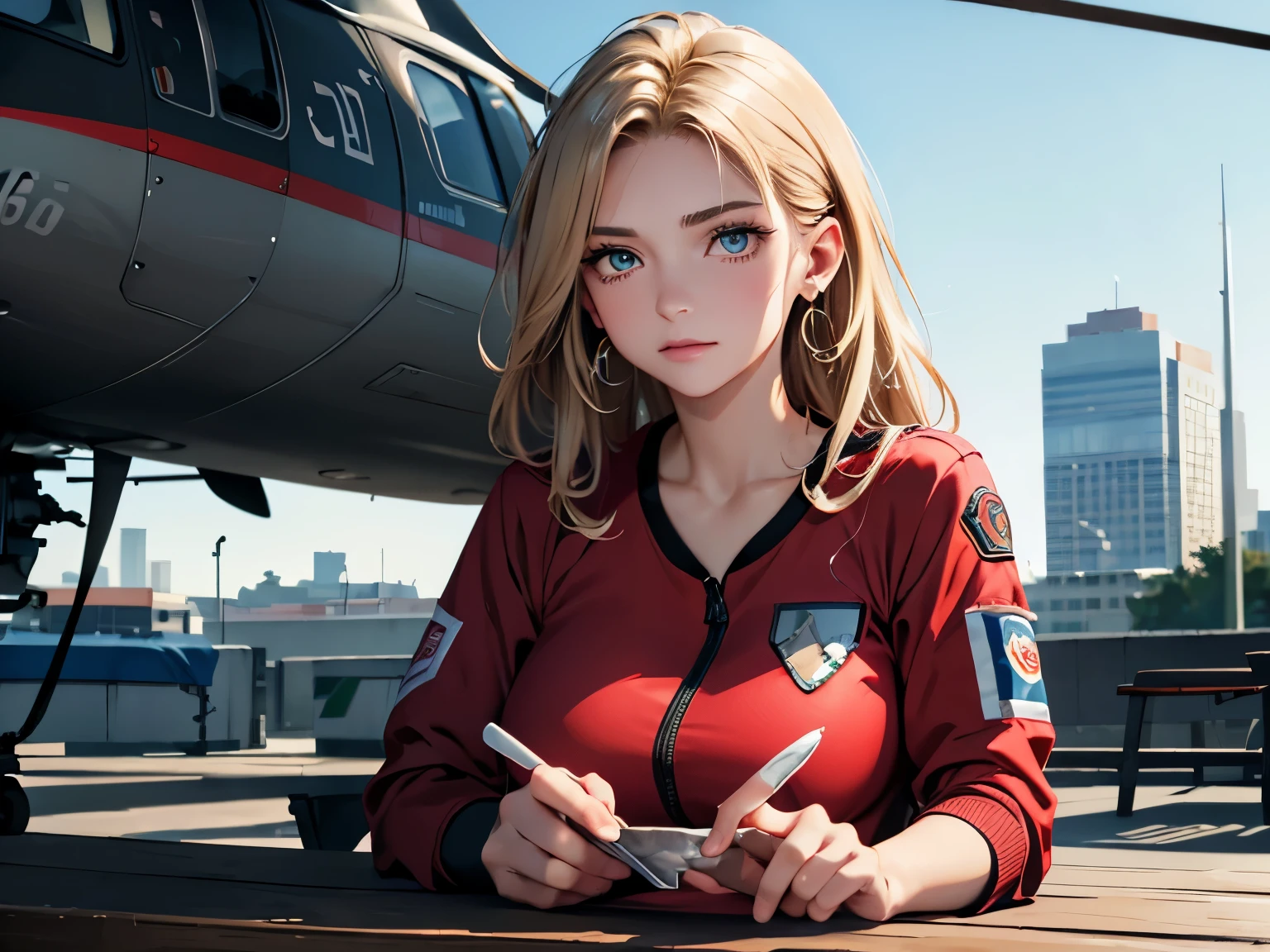 (((UHD, retina, best quality, super detail, mackerel, 16,000))), (((Anatomically correct))), SFW, ((professional female paramedic)), on the desk, wearing red, ((Professional Flight Rescue Team Clothing)), red pants, black tactical boots, alone, mature woman, blonde beige, behind the ear, Dumplings, lake green eyes, bright eyes, upper eye, long eyelashes, thin eyebrows, beautiful and delicate eyes, very detailed eyes, very realistic eyes, perfect face, Highly detailed facial details, random expression, sweat, medium big breasts, beautiful collarbone, healthy skin, textured skin, solid body, (muscle:1.2), (((Anatomically correct))), earring, perfect hands, (delicate fingers), beautiful long legs, perfect feet, whole body, movie lights, outdoor, morning, red rescue helicopter, The hospital rooftop is in the background.
