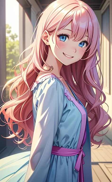 (masterpiece:1.4、top-quality、illustration:1.4,realistic、)、(character focus、,upper body:1.3)、(1girl),(happy smile:1.3),(cute),cute face,blue eyes、(from side:1.3)、
,(stand:1.4),(pink blonde hair),
,(slender),(loose dress:1.3),
(wavy hair:1.3), (flat chest:1.3)、
、slender、