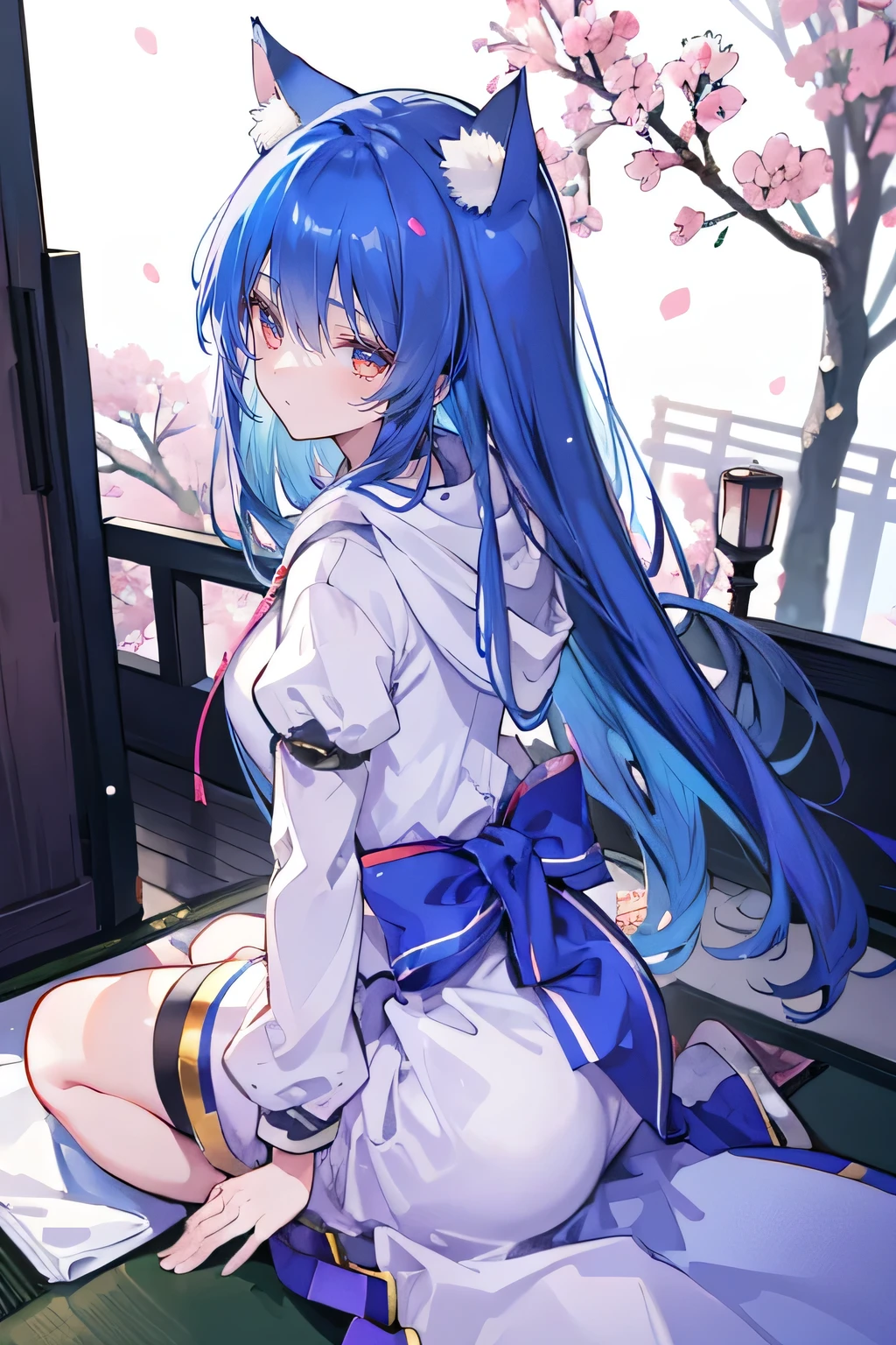 （masterpiece：1.2），Super detailed，lifelike，Expressive eyes，fair skin，perfect face shape，1 girl，
Japanese comics,Gorgeous blue hair,flowing blue hair,flowing clothes,Cat ears,Petals fall,beautiful lola,Baby Angel,
Shaking head with one hand，Cross your legs，Gentle and peaceful background，The pavilion is cool and comfortable,smile, wearing hoodie, background of tokyo,back views,snowing, winter.