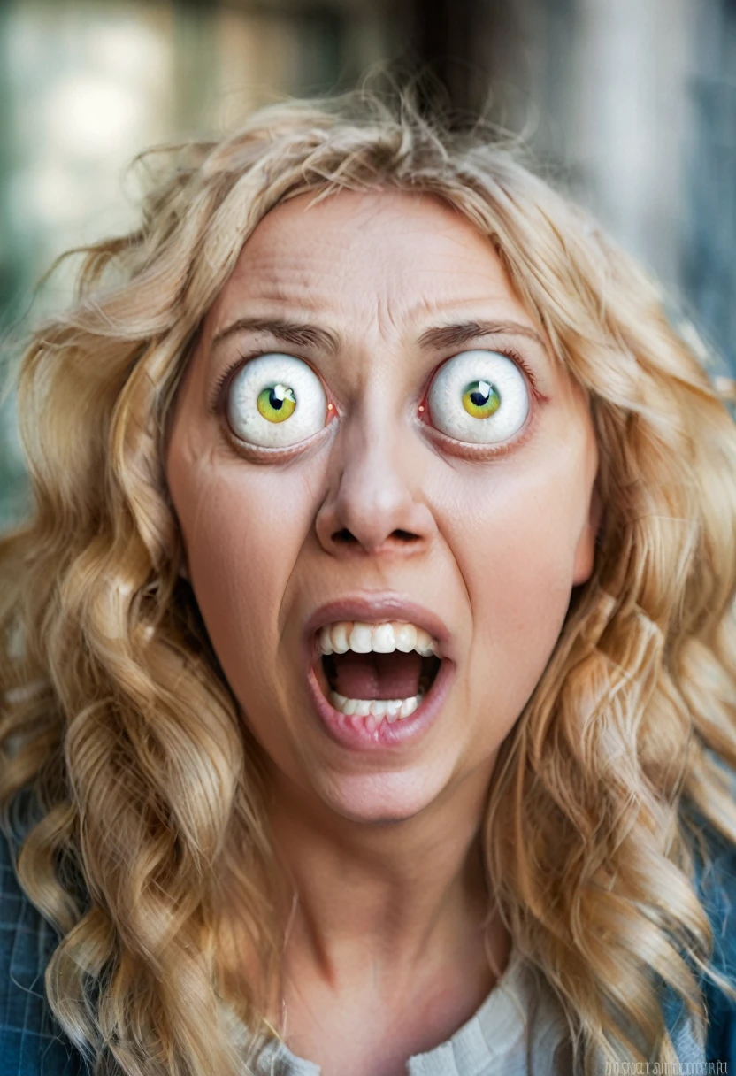 cinematic still. blonde hair woman with facial expression of astonishment, mouth open, big eyeballs