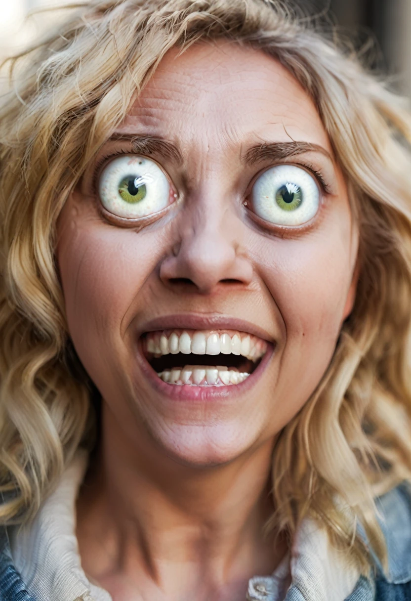 cinematic still. blonde hair woman with facial expression of astonishment, mouth open, big eyeballs