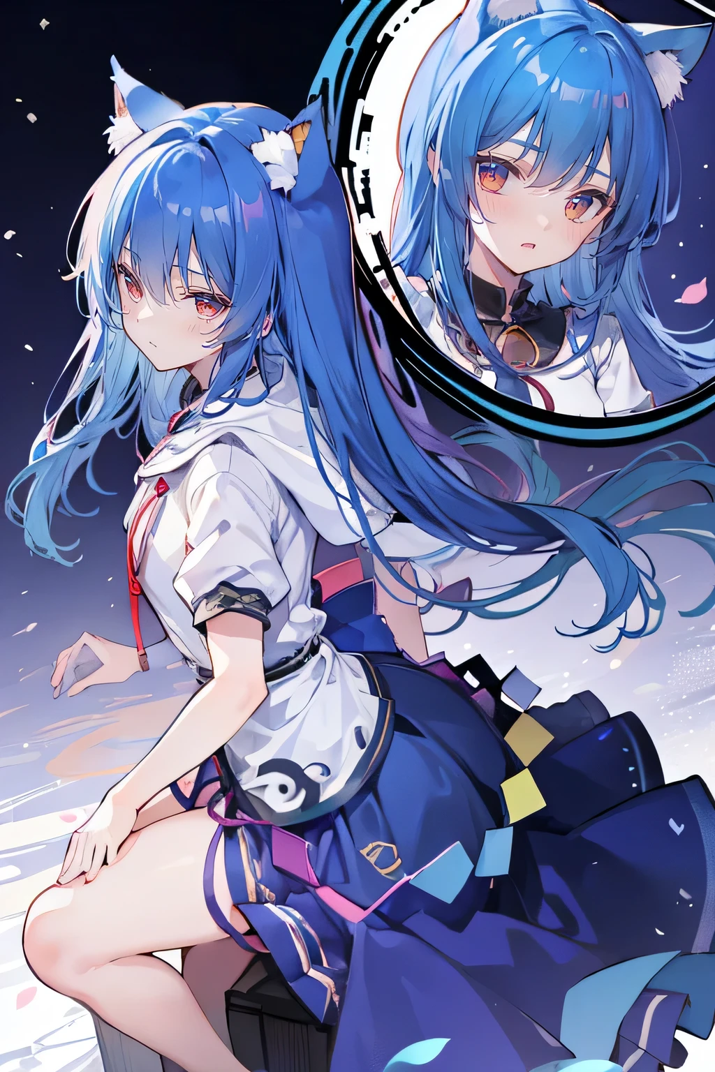 (masterpiece:1.2),Super detailed,lifelike,Expressive eyes,fair skin,perfect face shape,1 girl,
Japanese comics,Gorgeous blue hair,flowing blue hair,flowing clothes,Cat ears,Petals fall,beautiful lola,Baby Angel,
Shaking head with one hand,Cross your legs,Gentle and peaceful background,The pavilion is cool and comfortable,smile, wearing hoodie, background of tokyo,back views,snowing, winter.