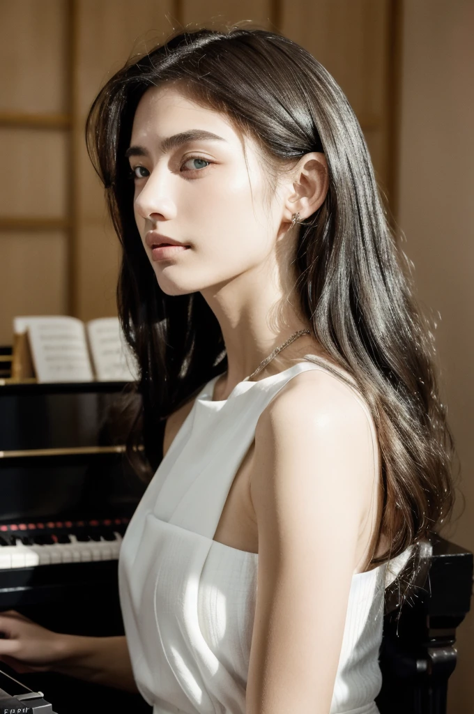 (masterpiece, top quality, best quality,8k,17 years old girl,ultra detailed,raw photo:1.5),(photorealistic:1.4),(cinematic lighting), PerfectNwsjMajic, , Surrealism, UHD, ccurate, Super detail, textured skin, High detail, Best quality, dynamic angle, (high nose,White skin),[Beautiful blue eyes],[flat chest:large breasts:0.5],(1girl),(good anatomy:0.5)), long hair, piano, instrument, black eyes, dress, white dress, white hair, looking at viewer, light particles, indoors, jewelry, sleeveless, bare shoulders, from side,perfect symmetrical body