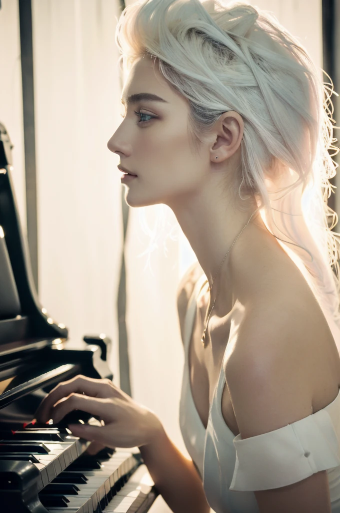(masterpiece, top quality, best quality,8k, girl,ultra detailed,raw photo:1.5),(photorealistic:1.4),(cinematic lighting), PerfectNwsjMajic, , Surrealism, UHD, ccurate, Super detail, textured skin, High detail, Best quality, dynamic angle, (high nose,White skin),[Beautiful blue eyes],[flat chest:large breasts:0.5],(1girl),(good anatomy:0.5)), long hair, piano, instrument, black eyes, dress, white dress, white hair, looking at viewer, light particles, indoors, jewelry, sleeveless, bare shoulders, from side,perfect symmetrical body