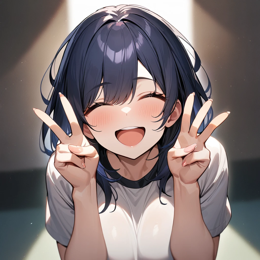 1 girl, dark bluehair,big breast,masterpiece,best quality,very aesthetic,absurdres,looking at viewer,front view,adult,out,Young,double v,Smile,closed eyes,happy,arm,open mouth, tightshirt