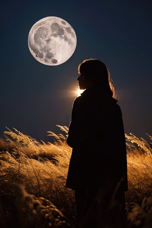 highest quality,Big moon and shadow,A silhouette of a person can be seen against the backdrop of a large moon.,There is one full moon,There is a mood,Beautiful scenery,Starry Sky