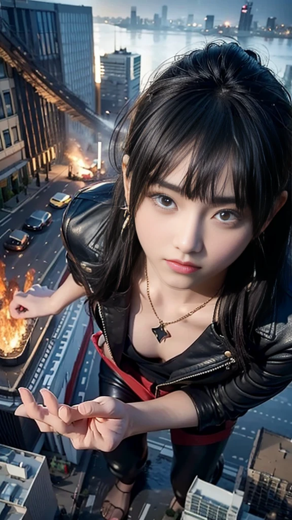 (32k, High resolution, highest quality, masterpiece, 超High resolution), (((Giantess Elements, Typhoon heavy rain))), From above, Perfect dynamic composition:1.0, ((night, In a small metropolis just at foot height)), (Expressions of sadness:0.7), Highly detailed skin and facial textures:1.2, (Holding a sword:1.0, Towering Giant Young Woman:1.0, taller than a skyscraper:1.0, 400,000 feet high:1.5, Incredibly slim body:1.0), Fair skin, Sexy beauty, Very beautiful face, Water droplets on the skin, (The rain drips down on my body:0.5, Wet body:0.5, Wet Hair:0.5), ((Red Leather Jacket:1.0, Tight black leather pants:1.0)), Shapely breasts, Chest gap, Big eyes that exude beautiful eroticism, Lips that exude beautiful eroticism, necklace, Earrings, bracelet, wedding ring, clock, ribbon, High heels, Full body portrait, (Destroy a small city, Burning Small Town, rubble, Destroyed small building, Collapsed highway, Evacuated Residents), ((Major impact, Emphasizing the majesty and power of giants, Increase the destructive element, Lower the building, Making cities smaller))