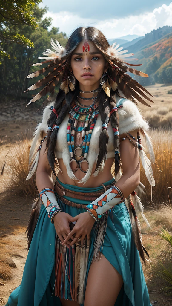 Fraction_9, Fraction_8_more than, Fraction_7_more than, Fraction_6_more than, Classification_clearly, 1 girl, ((18 years:1.2)),(Best quality,high resolution,Ultra Detailed,Practical),Native American Ariana Grande,(Wild Indian Native American:1.4), aldult, Full lips, Big bright eyes, Light blue eyes, ((By Rubio:1)), (cabello ondulado long trenzado nativo indio: 1.2), (female continental america:1.4) ,(Native Indian Feathers :1.4), (Facial details: 1.5, Bright blue eyes, Pretty Face, beautiful eyes, Iris coating, labios Delgados: 1.5, Delgado, Light and pointed eyebrows, long, Dark eyelashes, Double label),(Perfect hands details : 1.4 ) , (Forest background big leaves :1.4), (continental america v2.1), (continental america:1.4), (fondo desierto casa continental america:1.4), (Dynamic cowboy pose),(( Beautiful American Indian warrior:1.4), (Beautiful American Indian warrior: v2.1)) , (Vibrant colors), (Big stone background:1.4 ), (Grass background :1.4), (Rainy and cloudy:1.4), (Autumn in the prairie :1.4), (vestidor continental america:1.4), (exhibit:1.4), (realistic v2.1), (Perfect anatomical structure) 