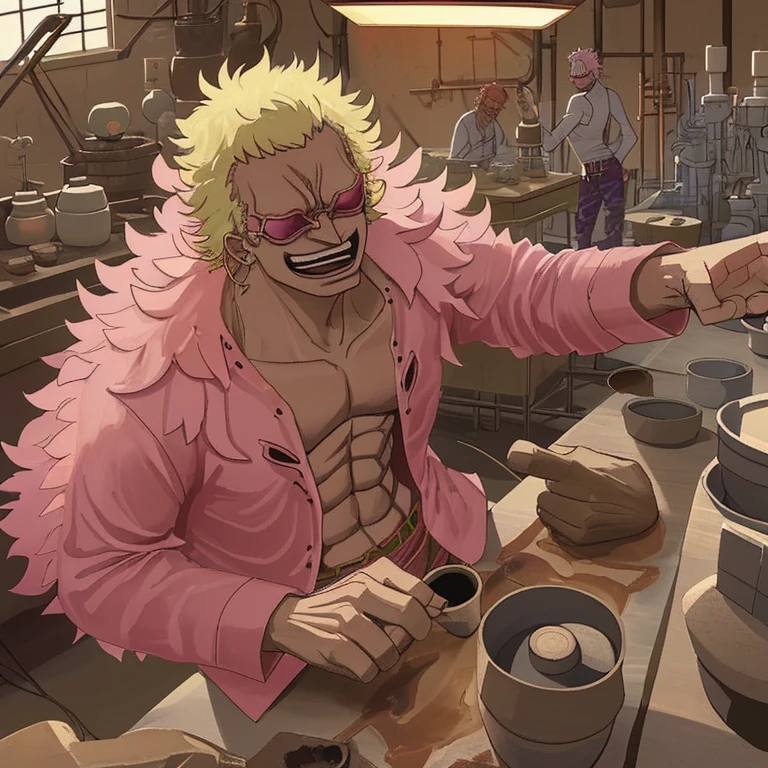 Doflamingo experiences pottery at a semiconductor factory