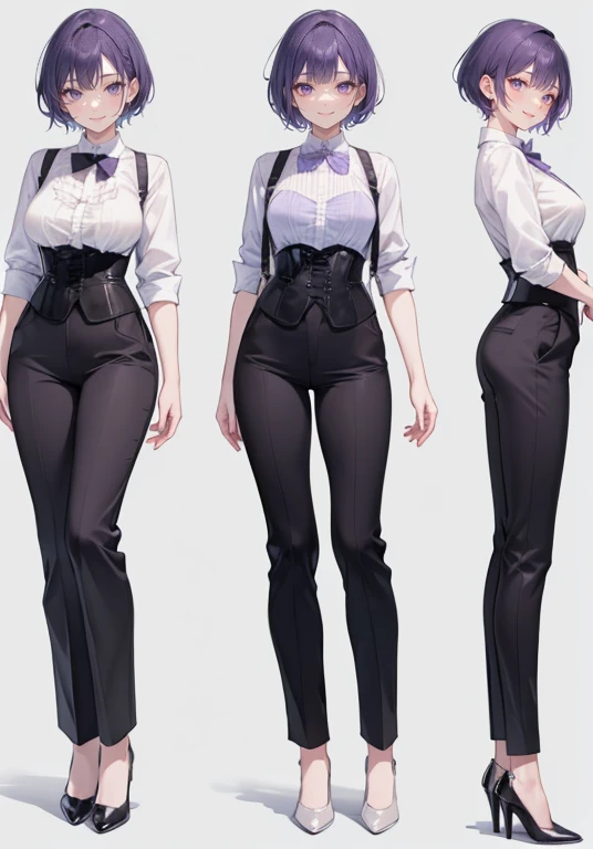 Purple hair,short cut hair,Adult female,Bartender,((Body harness)),((Rolling up your sleeves shirt)),(Corset),(slacks),(slit),High heels,((Simple background)),Smile,((Full body)),((whole body)),Character Sheet,
