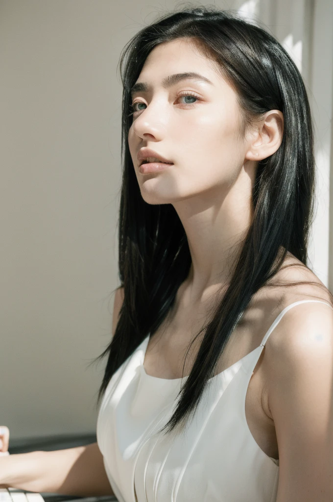 (masterpiece, top quality, best quality,8k,17 years old girl,ultra detailed,raw photo:1.5),(photorealistic:1.4),(cinematic lighting), PerfectNwsjMajic, , Surrealism, UHD, ccurate, Super detail, textured skin, High detail, Best quality, dynamic angle, (high nose,White skin),[Beautiful blue eyes],[flat chest:large breasts:0.5],(1girl),(good anatomy:0.5)), long hair, piano, instrument, black eyes, dress, white dress, white hair, looking at viewer, light particles, indoors, jewelry, sleeveless, bare shoulders, from side,perfect symmetrical body,layercut hairstyle