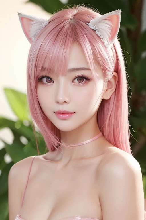 A lovely and sweet Chinese woman, Delicate and sexy collarbone, Attractive goose face, double eyelid, Clever pink eyes, Pink Lips, small, upturned nose, Exposing shoulders, Concentrated face, Face close-up, Ultra HD, Super Detail, Full body photo, Ultra-thin transparency, Pink Hair、Optimal ratio、Four fingers and a thumb, Cat ear