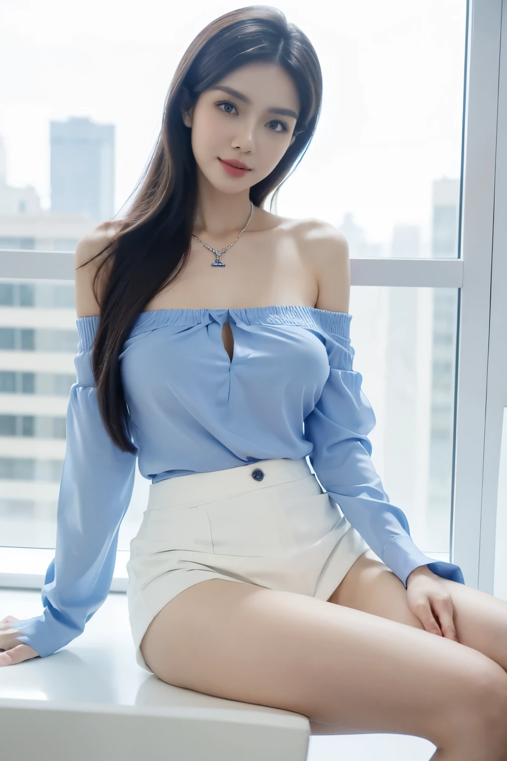 1 lady, slim and fit body,  wearing a blue blouse shirt, off shoulder, wearing white short skirt, wearing blue hijab, thighs, sitting in meeting room, office wear, close shot, wearing big necklace, white underpants, (huge breast 1.6)