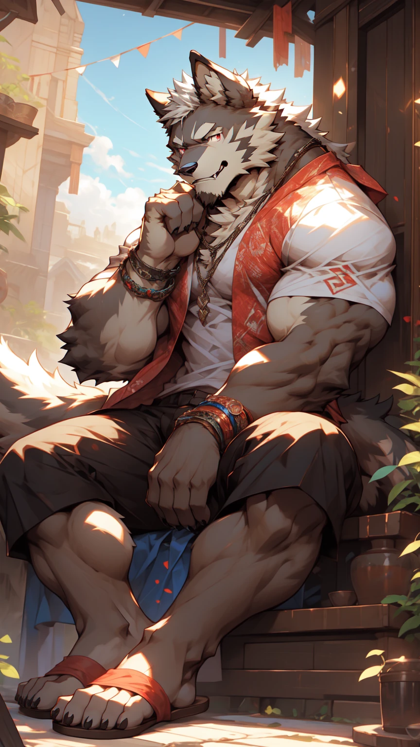 furry，male，werewolf，muscle，White hair，White body，Detailed clear red eyes，Fluffy long tail，Wearing an open white short-sleeved shirt，Khaki shorts，Wearing a bracelet on the wrist(Knots)，slippers，hairy，Sitting posture，Chin on both hands，Smile，Eyes on view，Highest quality，masterpiece，Extreme details。artist:Michael & Inessa Garmash,Ruan Jia,Pino Daeni,chunie,darkgem,anthro,Personalami,(NullGhost)