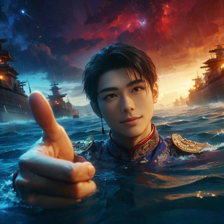 (Best Quality:1.2), (high resolution:1.2), (beautiful face and eye:1.5), (sharpest focus:1.2), (Ultra-realistic Photo:1.2), (Ultra-precise Photo:1.2), (Depth of field:1.2), (8k high resolution:1.2). (perfect anatomy:1.2),
(nice hands:1.5), (perfect hands:1.5), (One drowning Chinese man:1.2), (Very young and beautiful Chinese man:1.0), (Smiling thumbs up in a state of resignation:1.2), (Looking up angle:1.2),
(Chinese warrior in very light clothing, beaten up:1.0), (Majestic Chinese river:1.0), (Cynical smile:1.0), (Giant battleship:1.0), (Mars shining reddish-red in the night sky:1.2),