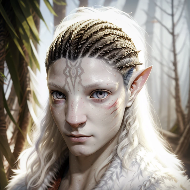 avatar style, (face portrait:1.1), 1boy, male, (AvAonung), glowing red eyes, pointy ears, (white skin tone:1.0), (curly hair:1.0), silver hair color, ((long hair)), (young adult), 18 years old:1, face wrinkles, wearing tribal clothing, (wearing winter fur coats:1), detailed eyes, toned body, muscled body, vibrant colors, glowing, ethereal atmosphere, surrealistic dreamy lighting, textured skin, otherworldly beauty, mesmerizing photography, (best quality, highres), vivid colors, ultrarealistic, skin details, striped skin, sfw, face close-up:0.5, ultradetailed body, ((white skin)), ((albino)), albinism