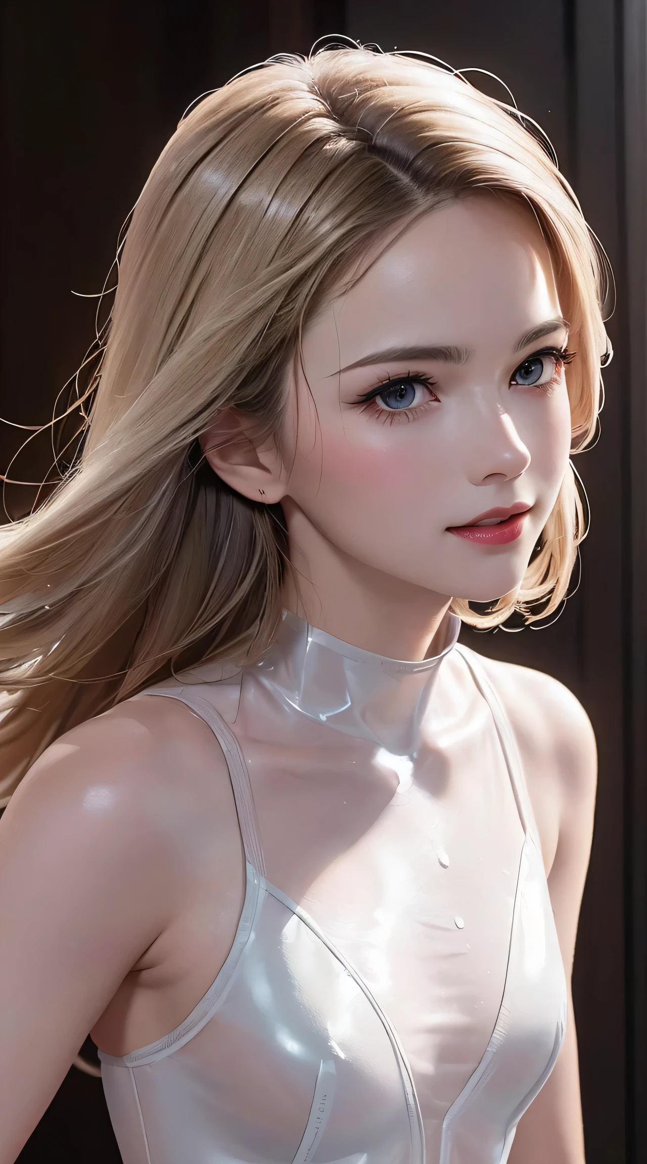 (8K, RAW Photos, of the highest quality, Masterpieces: 1.2), (Realistic, Photorealistic: 1.37), Highest Quality, Ultra High Resolution, Focused eyes, light leaks, Dynamic lighting, Slim and smooth skin, (face close-up:1.1), (Soft Saturation: 1.6), (Fair skin: 1.2), (Glossy skin: 1.1), (Oiled skin:1.2), 18 years old, rainy Night, Indoor, Strong neon light , hard rain,
BREAK, shiny white blonde, Well-formed, (Hair fluttering in the wind:0.9), (Close-up shot of face only:1.2), Physically Based Rendering, From multiple angles, (Cute:1.2), Beautiful hair blowing in the wind, all-fours, Chest is sheer, Well equipped, Sheer, Transparent, Glittering Gemstones, Beautiful body shape, It features a simple, BREAK, Hair volume decreases towards the ends of the hair, Beautiful skin without blemish, (thin transparent white leotard costume:1.2), Sparkly lips, The air is clear, shiny white blonde hair, Light is coming in from various directions, Hair is through strong light, (Erotic:1.3), (Bare chest:1.2), (Small breasts:1.2), Under the breasts, narrow waist, narrow shoulders, gazing at viewer, Big smile, old downtown, Bathing, short hair, damaged, (water bottle:1.2), she is chugging bottles,