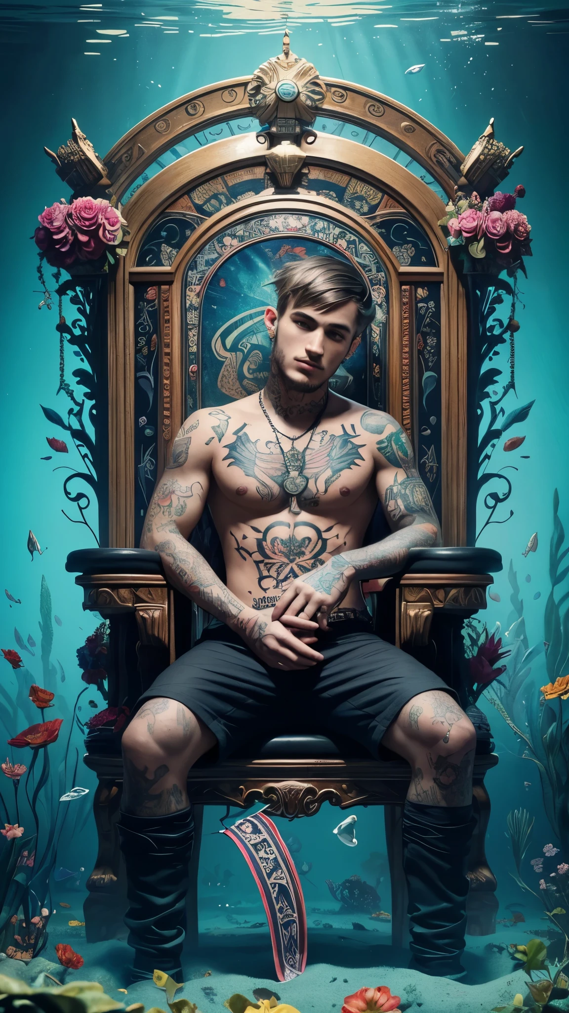 there is a man with tattoos on his body and a flower in his hand, album art, realism art, sitting in his throne underwater, art cover, realism art style, album, realistic art, official artwork, realism artstyle, music album art, by Adam Dario Keel, realistic artwork, album art cover, official art, lil peep, inspired by Adam Dario Keel