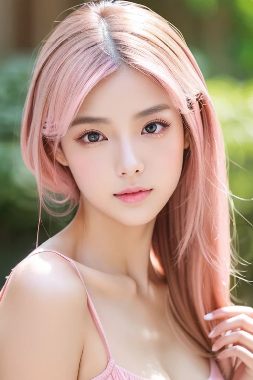 photo realistic, best quality, ultra detailed, masterpiece, Ultra-realistic 8K CG, Perfect Artwork, Realistic, 3D body, cute face, well-featured face, completely nude, 1 girl, , small breasts, beautiful girl, cute girl and idol face, young face, smile, Beautiful long pink hair, twintails, Beautiful red eyes, white skin, Short body, Upper body