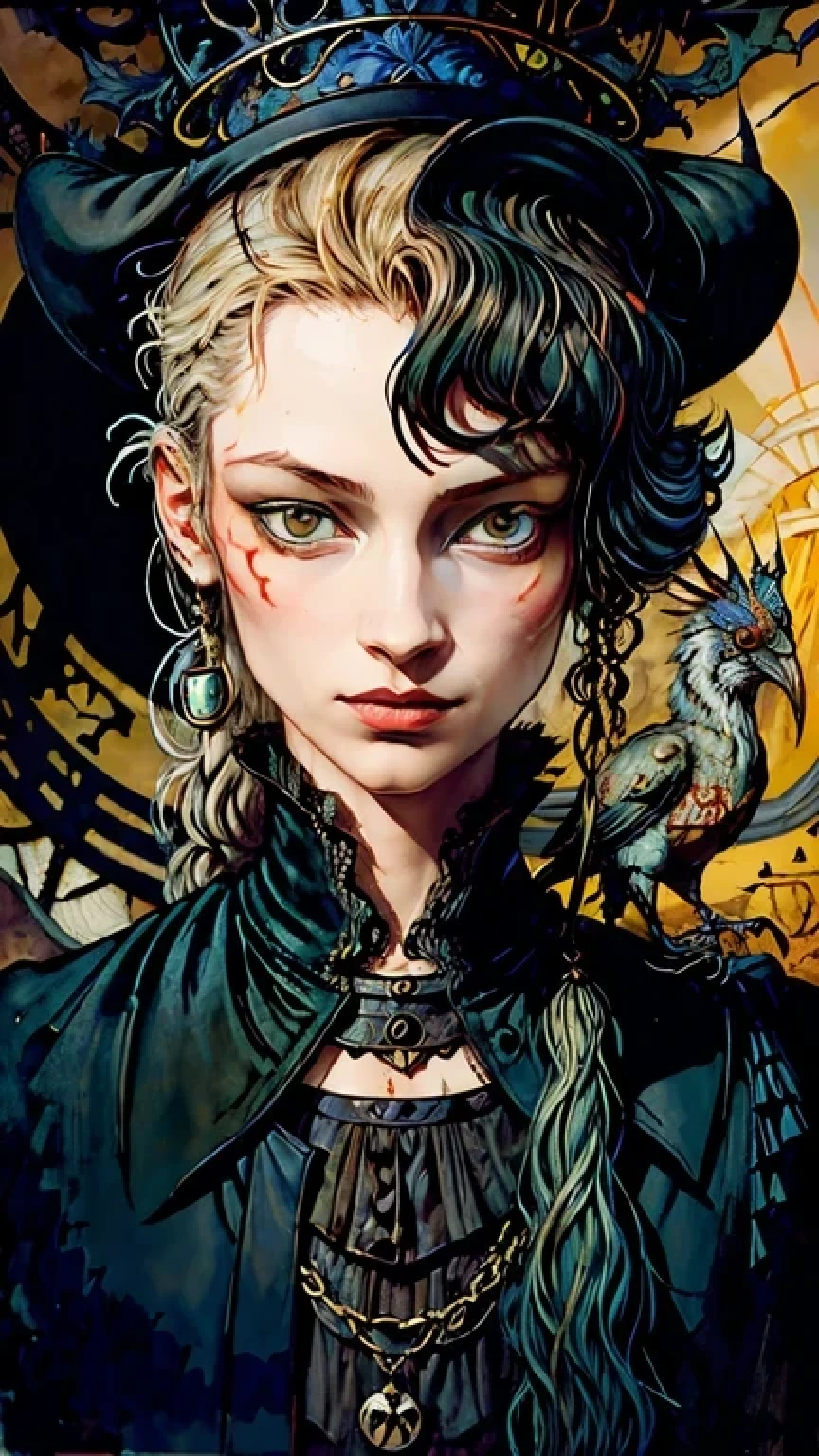 painting of a woman with a hat and a bird in the background, Abigail Larson, Portrait of a Bloody Hunter, Vania Zouravliov, Estilo de Dave McKean, arte transmitida pelo sangue, takato yamamoto aesthetic, O Homem-Areia Surreal de Neil Gaiman, Miguel Hussardo, por Kamisaka Sekka, inspirado em Dave McKean, Jamie Hewlett Arte, arte assustadora, arte surrealista, Best possible quality, unrealistic, drawing strokes, cabelo cacheado, verde, roupa de sobrevivente, olhos profundos, cor dos olhos cinza, olhos cinza, gray eyes,