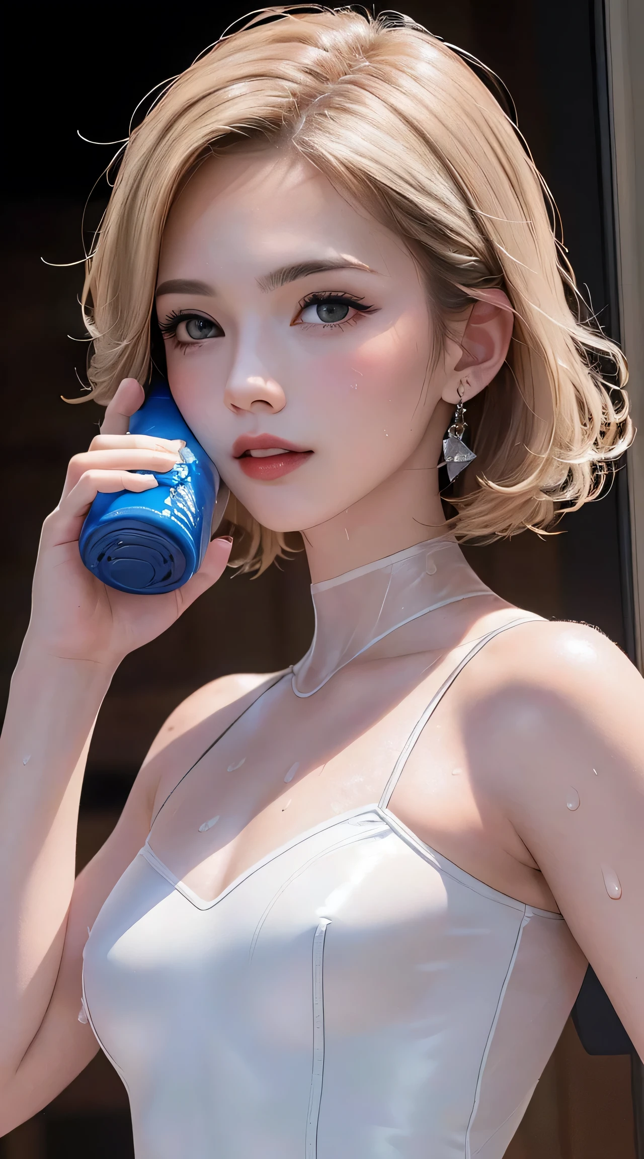 (8K, RAW Photos, of the highest quality, Masterpieces: 1.2), (Realistic, Photorealistic: 1.37), Highest Quality, Ultra High Resolution, Focused eyes, light leaks, Dynamic lighting, Slim and smooth skin, (face close-up:1.1), (Soft Saturation: 1.6), (Fair skin: 1.2), (Glossy skin: 1.1), (Oiled skin:1.2), 18 years old, rainy Night, Indoor, Strong neon light , hard rain,
BREAK, shiny white blonde, Well-formed, (Hair fluttering in the wind:0.9), (Close-up shot of face only:1.2), Physically Based Rendering, From multiple angles, (Cute:1.2), Beautiful hair blowing in the wind, all-fours, Chest is sheer, Well equipped, Sheer, Transparent, Glittering Gemstones, Beautiful body shape, It features a simple, BREAK, Hair volume decreases towards the ends of the hair, Beautiful skin without blemish, (thin transparent white leotard costume:1.2), Sparkly lips, The air is clear, shiny white blonde hair, Light is coming in from various directions, Hair is through strong light, (Erotic:1.3), (Bare chest:1.2), (Small breasts:1.2), Under the breasts, narrow waist, narrow shoulders, gazing at viewer, Big smile, old downtown, Bathing, short hair, damaged, (water bottle:1.2), she is chugging bottles,