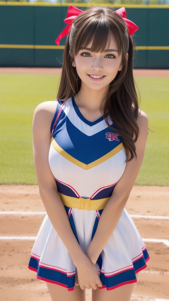Ultra Detailed,Vibrant colors,(8k:1.5),Masseter muscle,Very nice detailed face and eyes,25 years old, Cheerleader (Dress up in style), Mature female, /(Brown hair/) Bangs Ribbon, blush (Smile brightly), outdoor, audience,(Baseball Field),Beautiful breasts,1 lady only, (Dynamic poses)
