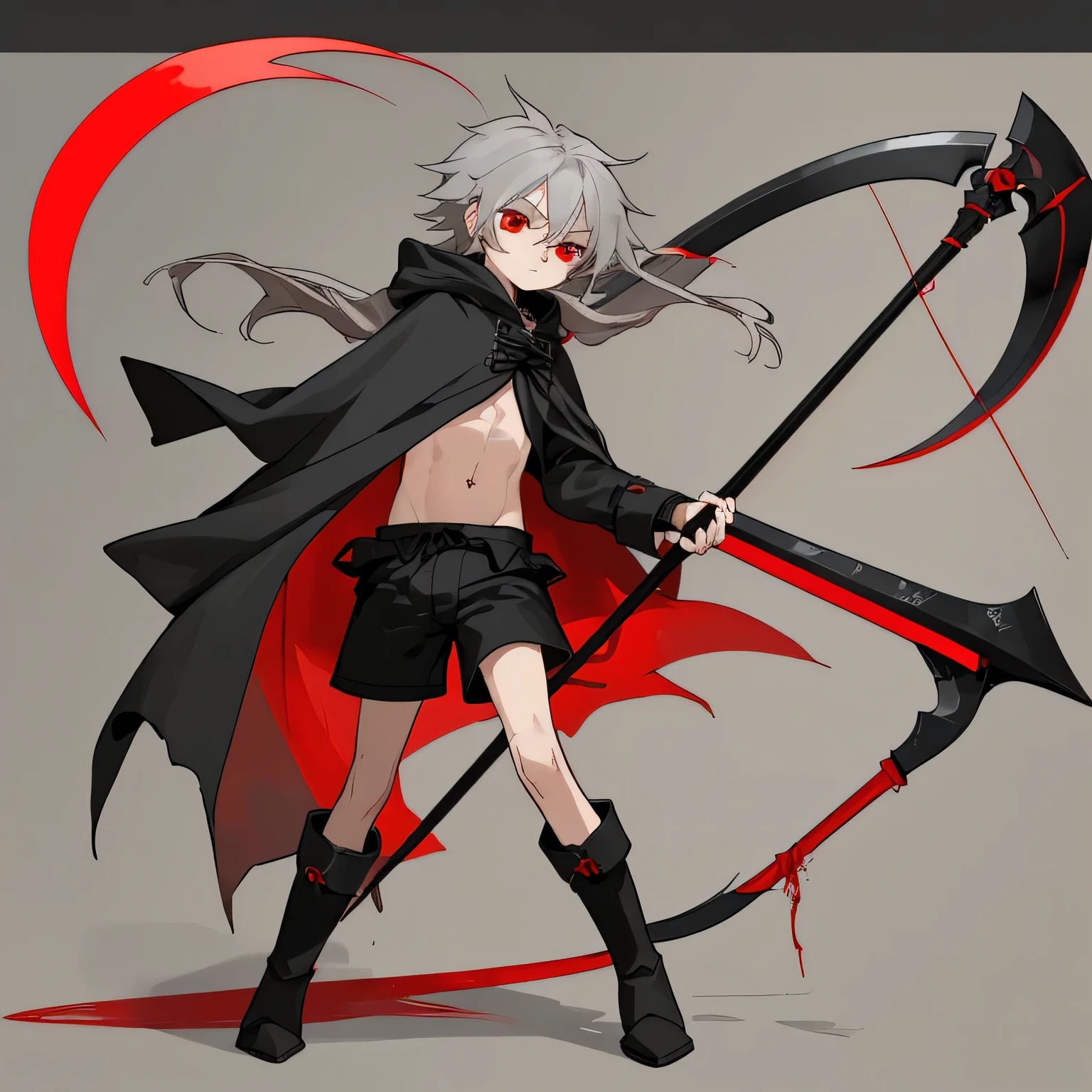juvenile,With a delicate body,Red eyes,Gray Hair,Long Hair,Cloak with black hood,Navel Clothes,Shorts,,Big boots that are the wrong size,Big Scythe,masterpiece,Cute design