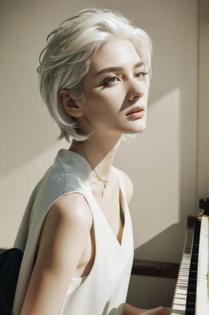 (masterpiece, top quality, best quality,8k,17 years old girl,ultra detailed,raw photo:1.5),(photorealistic:1.4),(cinematic lighting), PerfectNwsjMajic, , Surrealism, UHD, ccurate, Super detail, textured skin, High detail, Best quality, dynamic angle, (high nose,White skin),[Beautiful blue eyes],[flat chest:large breasts:0.5],(1girl),(good anatomy:0.5)), layercut hairstyle, piano, instrument, black eyes, dress, white dress, white hair, looking at viewer, light particles, indoors, jewelry, sleeveless, bare shoulders, from side,perfect symmetrical body