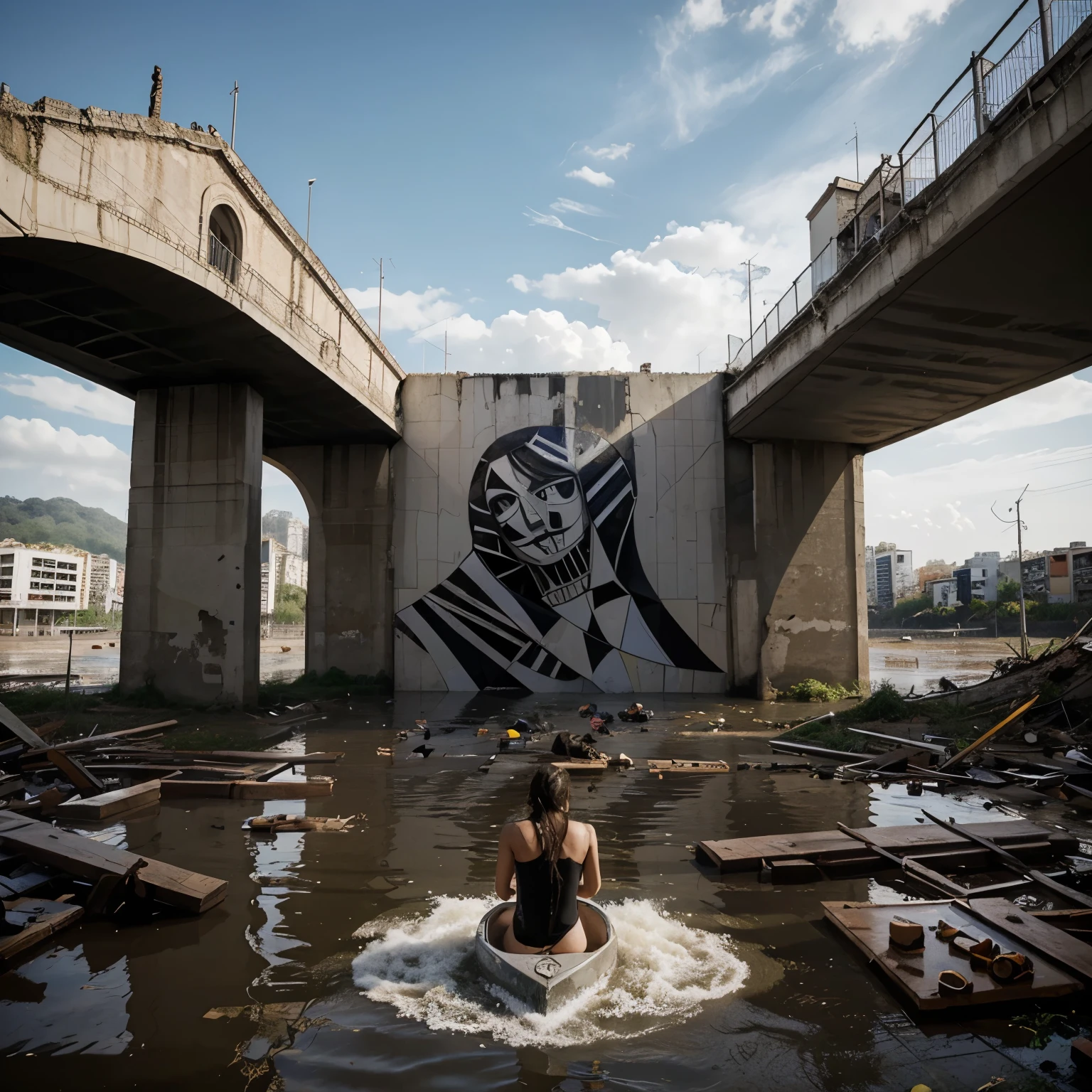 Produce a reinterpretation of the work “Guernica” using as a reference the last flood catastrophe in Rio Grande do Sul