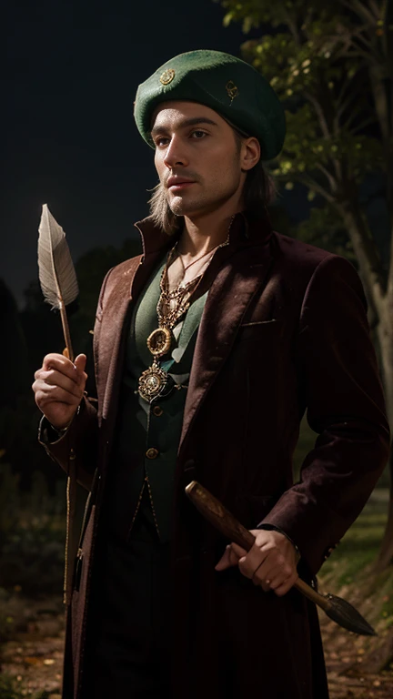 Fforest at night, moonlight, Male medieval baron, rich, splendid clothing, jewellery, gold necklace, velvet beret (beret with pheasant feather) pickaxe in hand