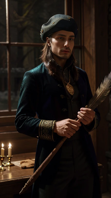 Fforest at night, moonlight, Male medieval baron, rich, splendid clothing, jewellery, gold necklace, velvet beret (beret with pheasant feather) pickaxe in hand